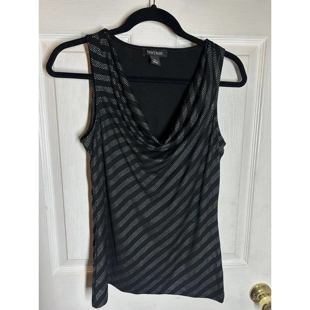 White House Black Market Womens Top Sleeveless Black Silver Beads Cowl Neck Sz S